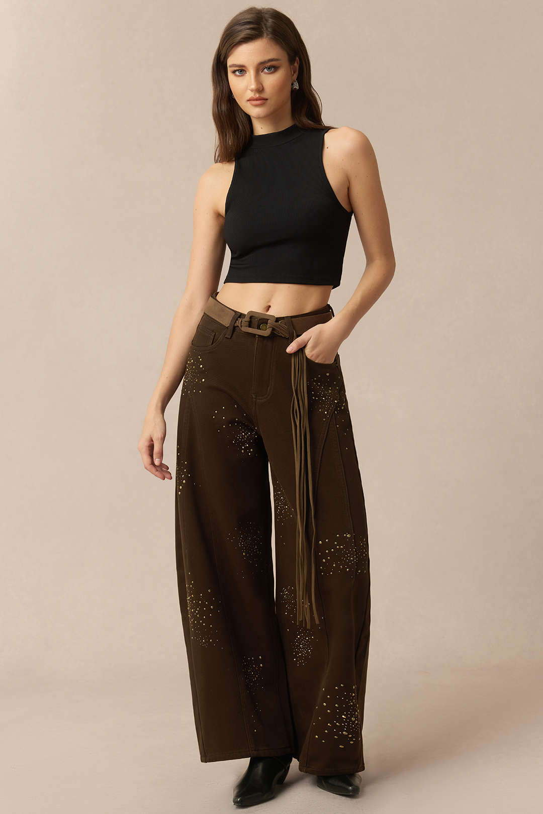 Denim Rhinestone Cecor Blted Wide Leg Jeans