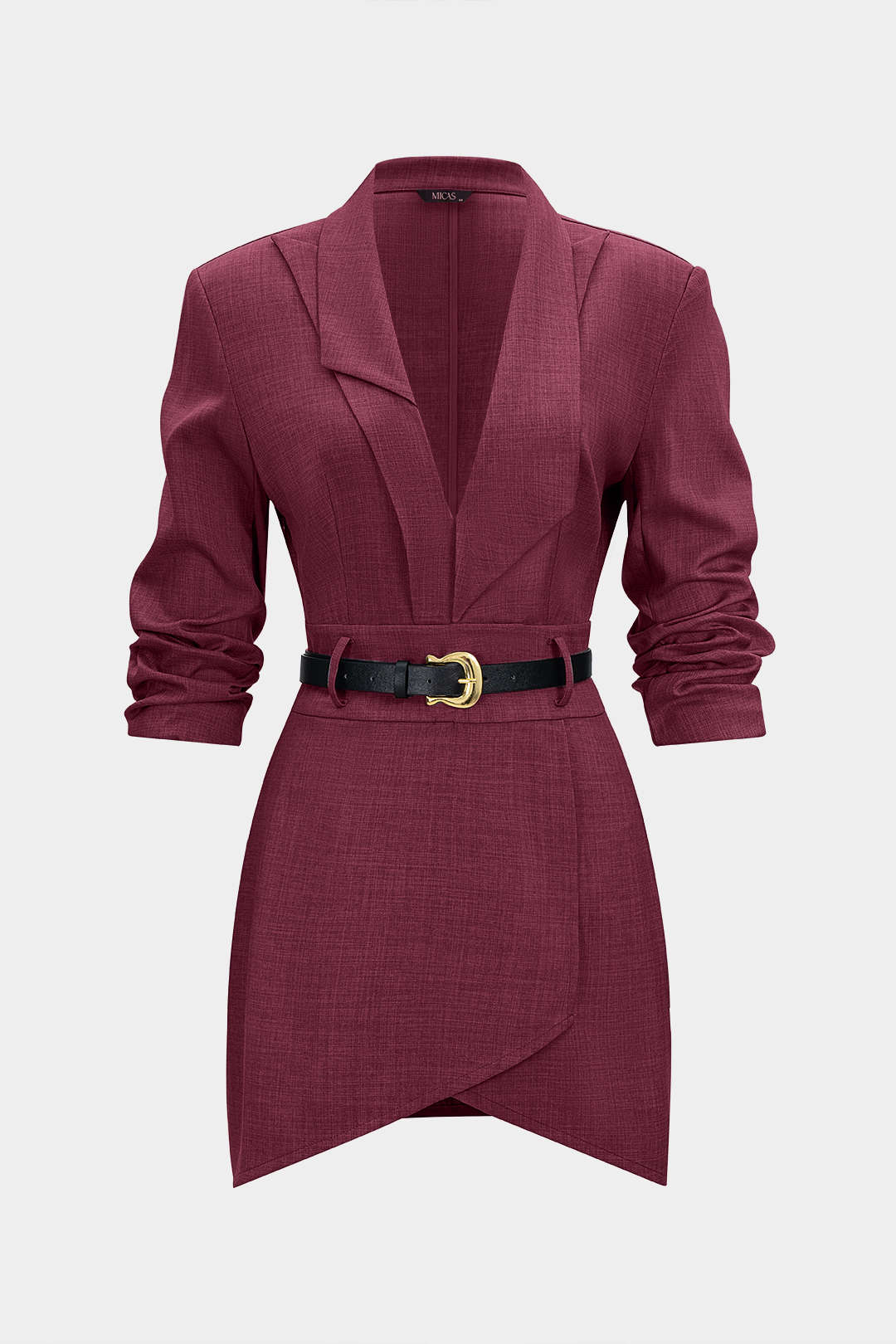 Asymmetrical Notched Lapel Belted Long Sleeve Mini Dress