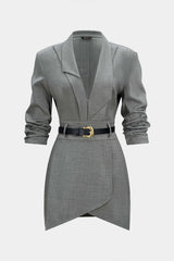 Asymmetrical Notched Lapel Belted Long Sleeve Mini Dress