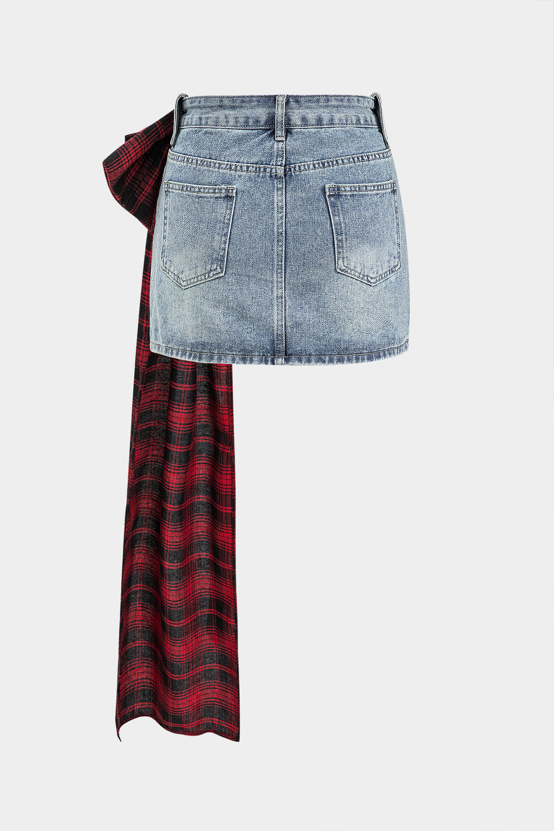 Denim Bow Patchwork Tie-Up Skirt
