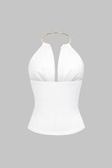 Draped Cowl Halter Neck Metallic Backless Tank Top