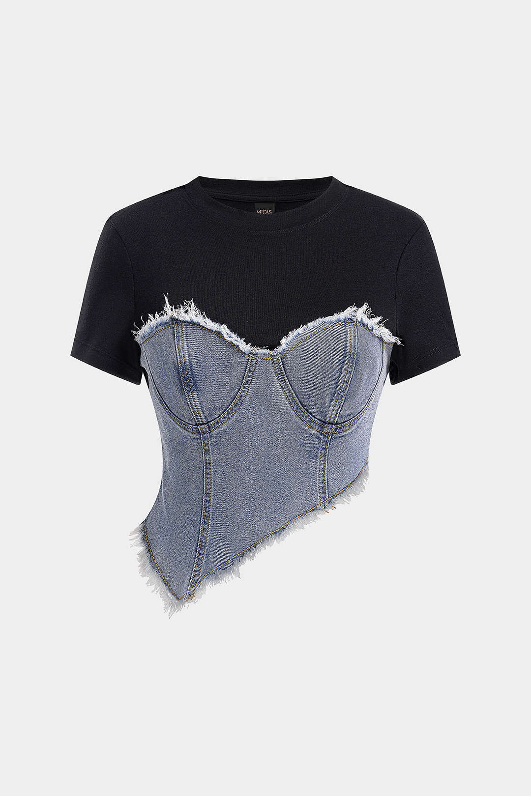 Denim Patchwork Round Neck Asymmetrical Hem Short Sleeve T-Shirt