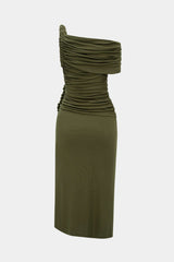 Asymmetrical Shoulder Ruched Twist Knot Sleeveless Maxi Dress
