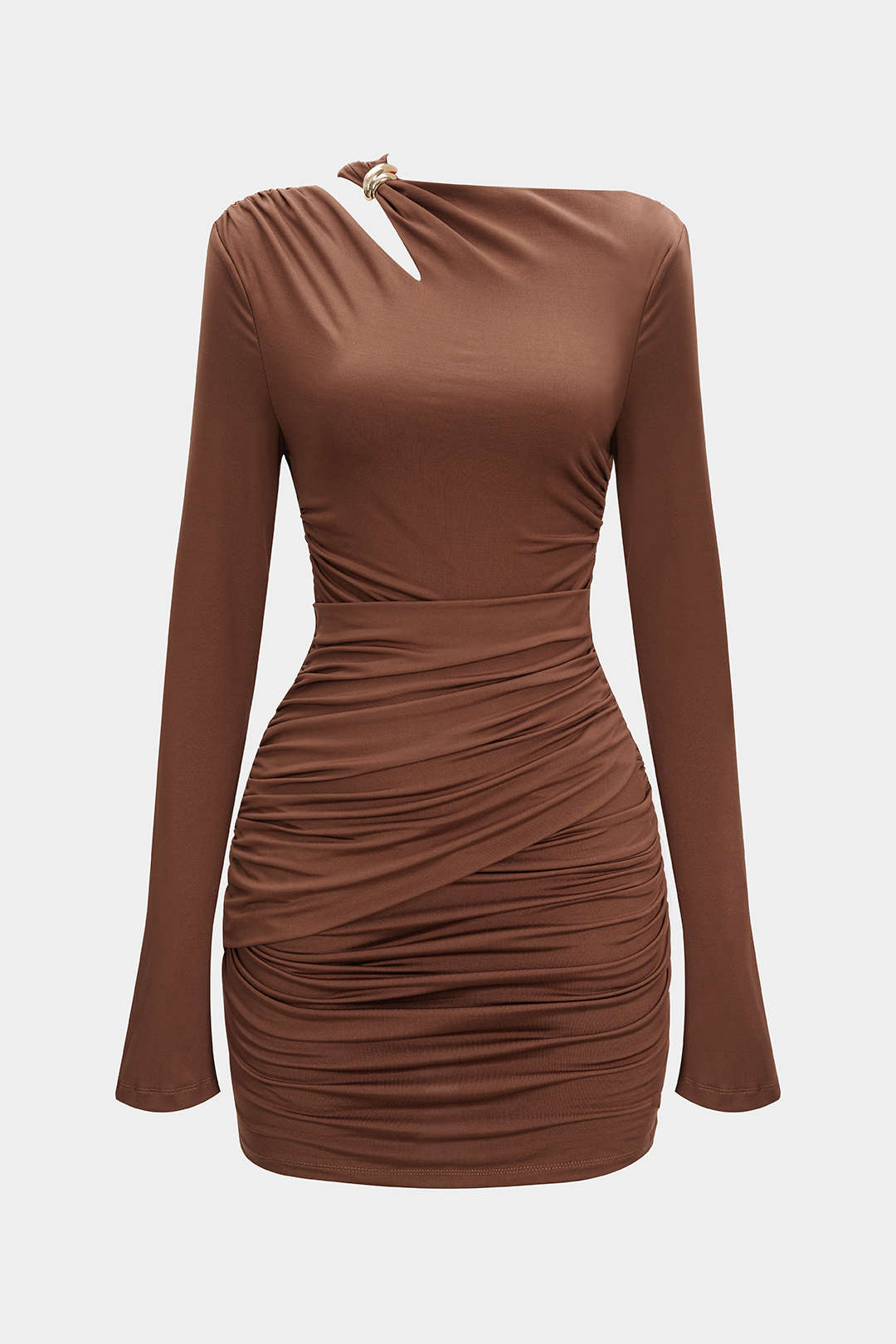 Asymmetrical Neck Ruched Long Sleeve Mini Dress
