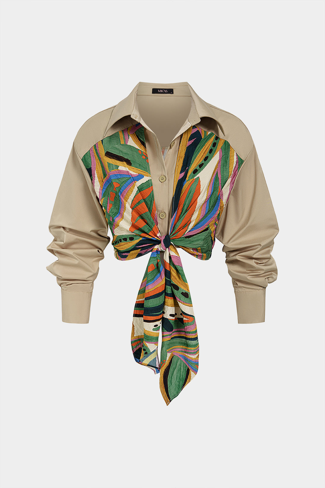 Artistic Print Patchwork Tie-Up Long Sleeve Shirt