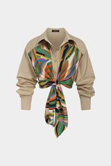 Artistic Print Patchwork Tie-Up Long Sleeve Shirt