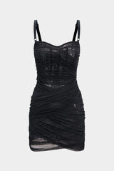 Asymmetrical Ruched Mesh Sleeveless Mini Dress