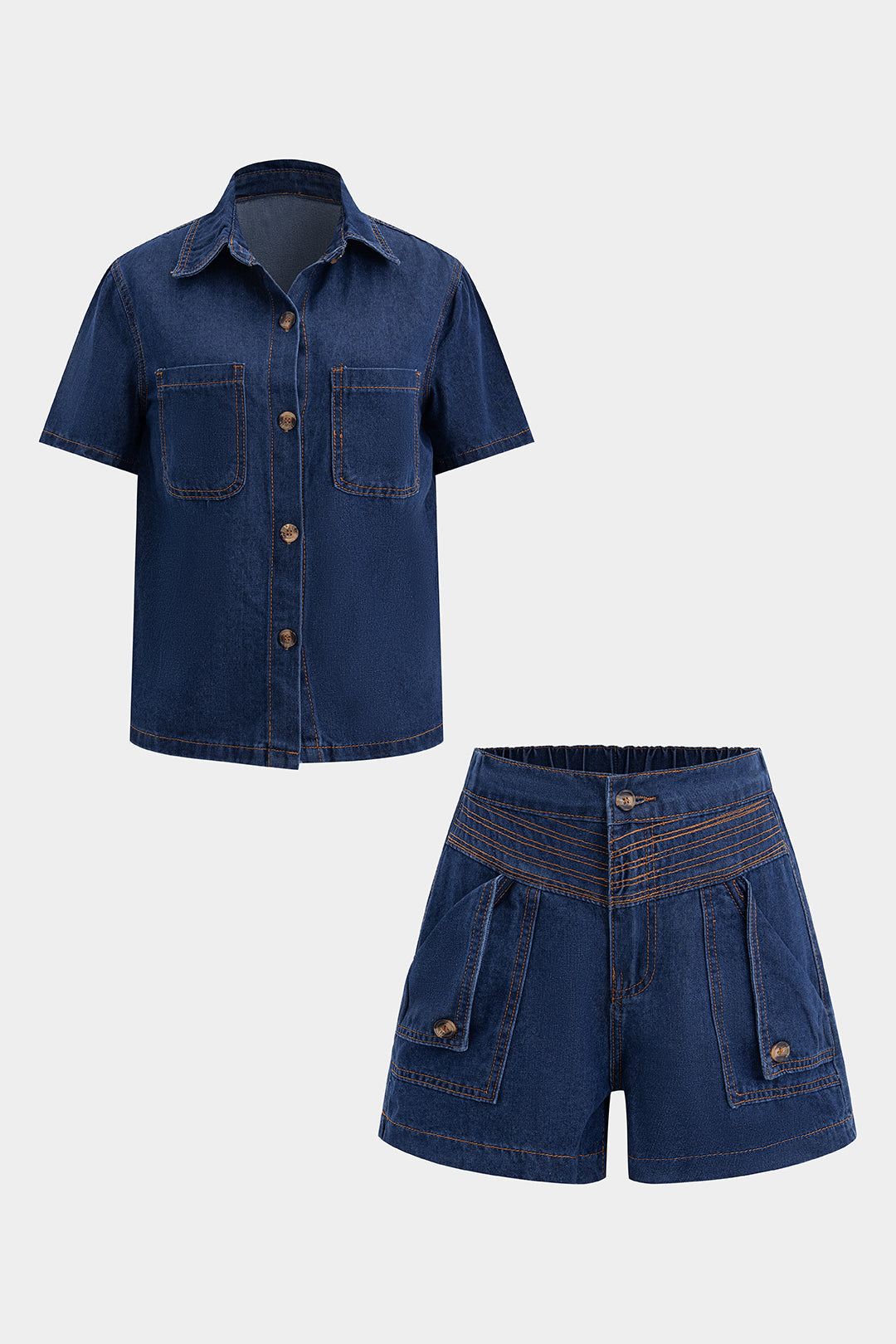Denim Button Short-Sleeve Shirt And Pocket Shorts Set