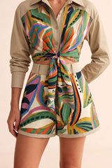 Artistic Print Patchwork Zipper Shorts