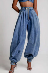 Denim High Waist Zipper Barrel Balloon Jeans