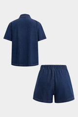 Denim Button Short-Sleeve Shirt And Pocket Shorts Set