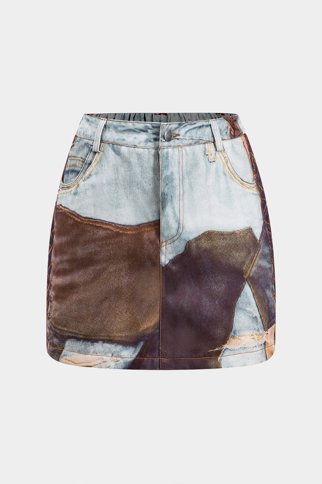 Abstract Print Ruched Button Pocket Skirt