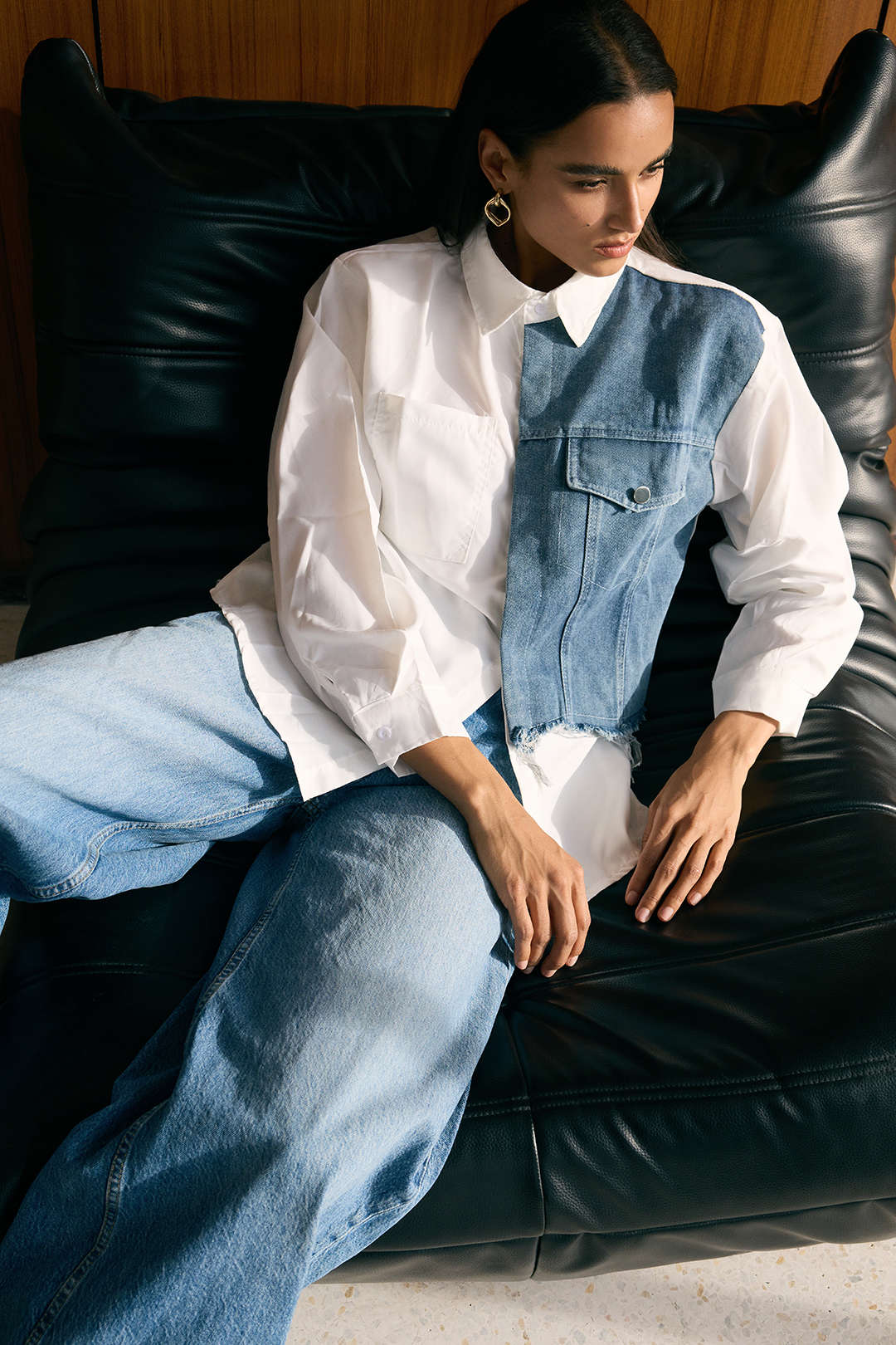 Denim Patchwork Frayed Asymmetrical Pocket Long-Sleeve Shirt