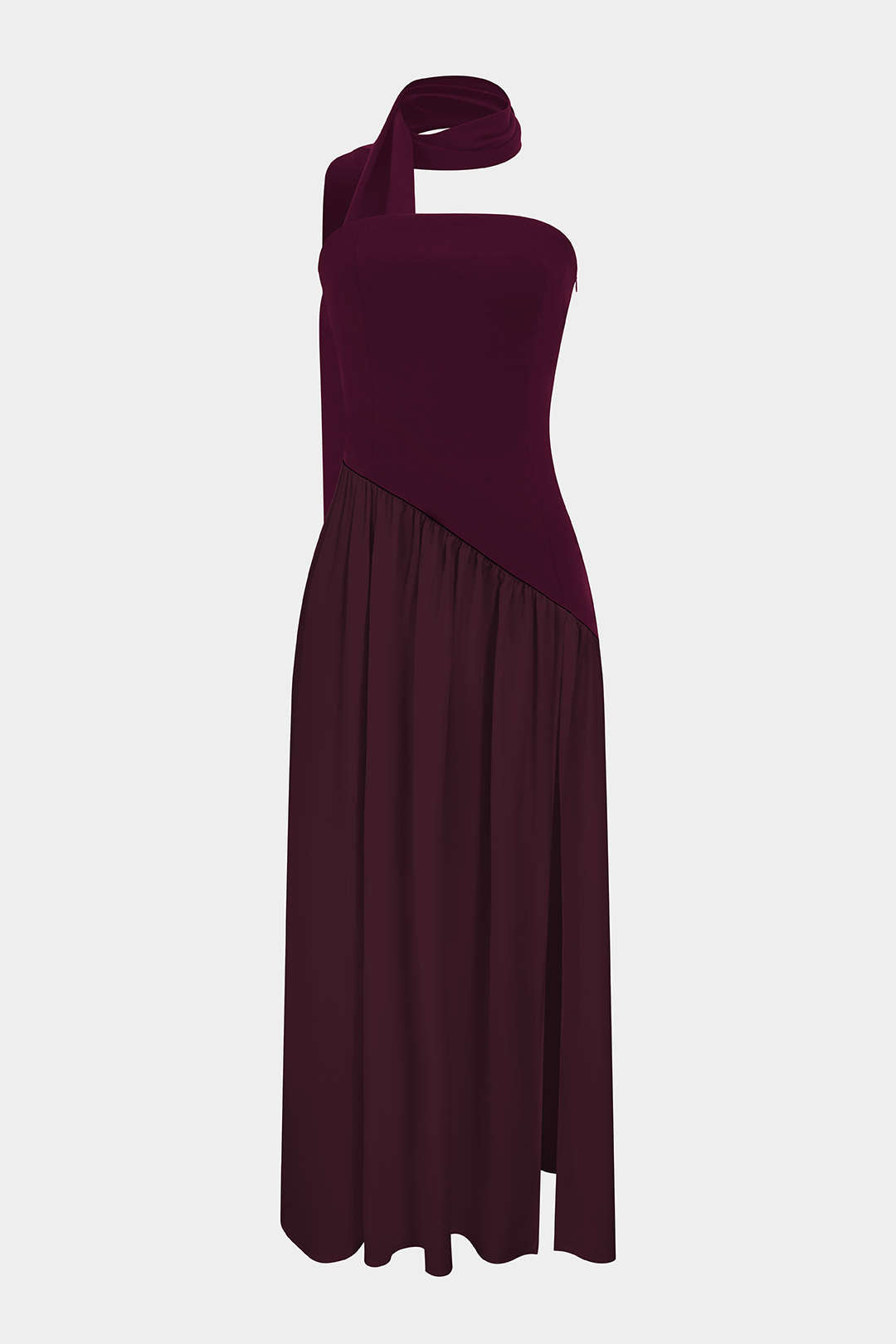 Contrast Satin Ruched Slit Strapless Maxi Dress