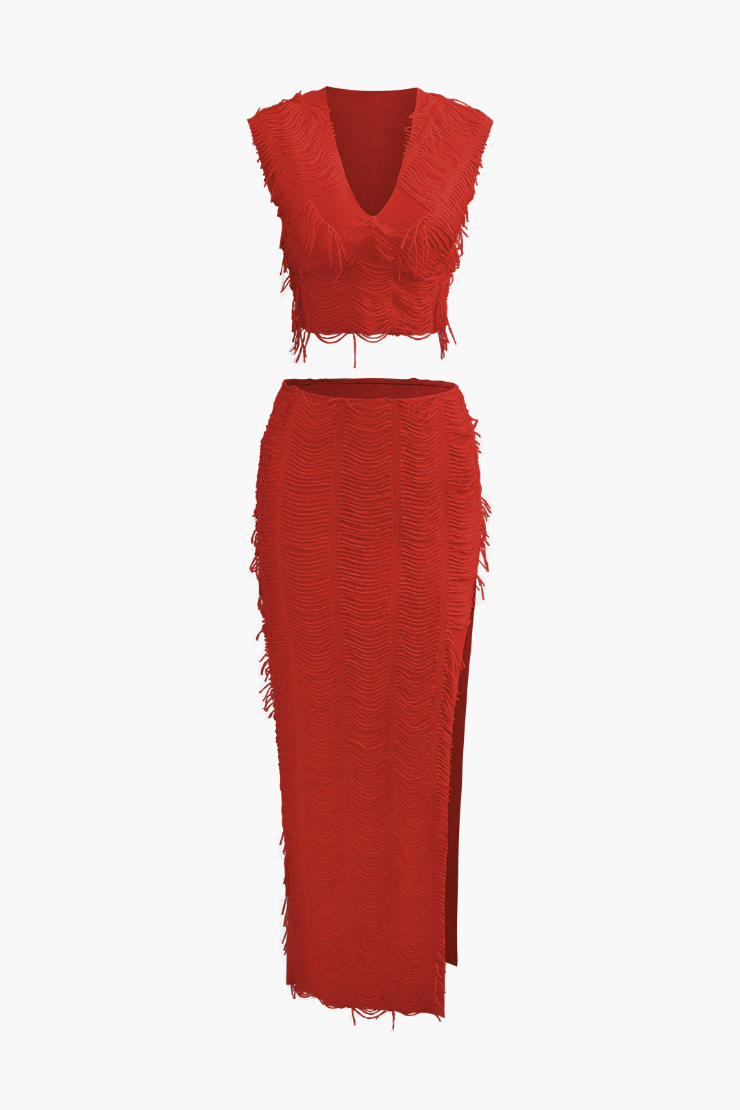 Distressed V-neck Cap Sleeve Crop Top And Slit Maxi Skirt Set