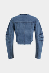 Denim Patchwork Button Round Neck Pocket Outerwear