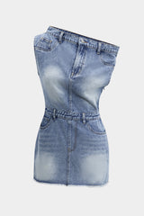 Denim Asymmetric Neckline Mini Dress