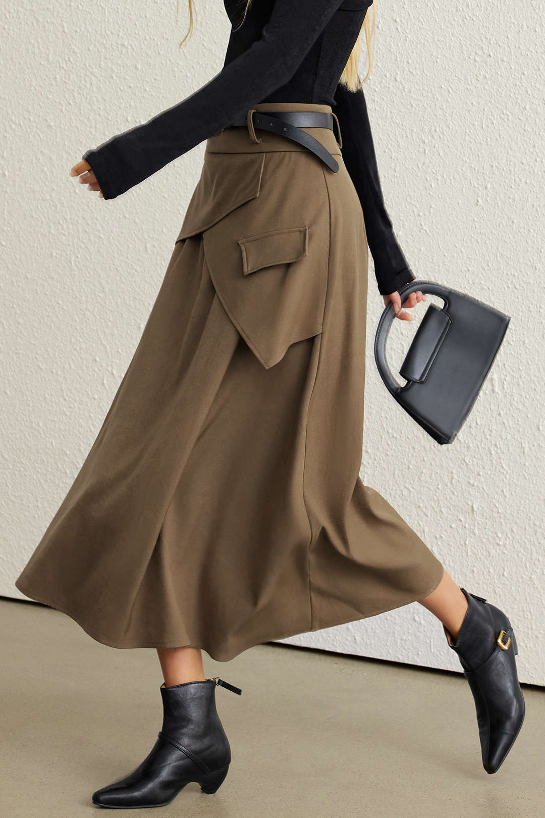 Belted Asymmetrical Ruched High Waist Skirt