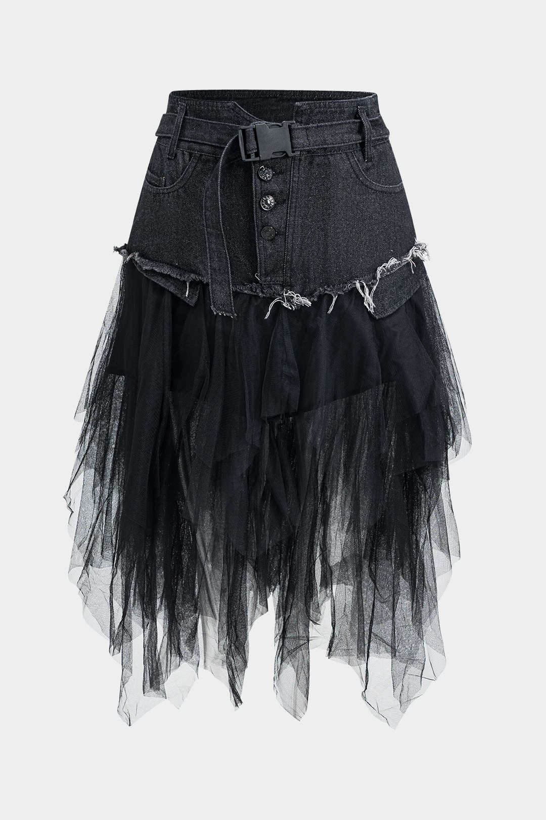 Denim Mesh Patchwork Belted Button Pocket Skirt