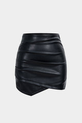 Asymmetrical Ruched Faux Leather Mini Skirt