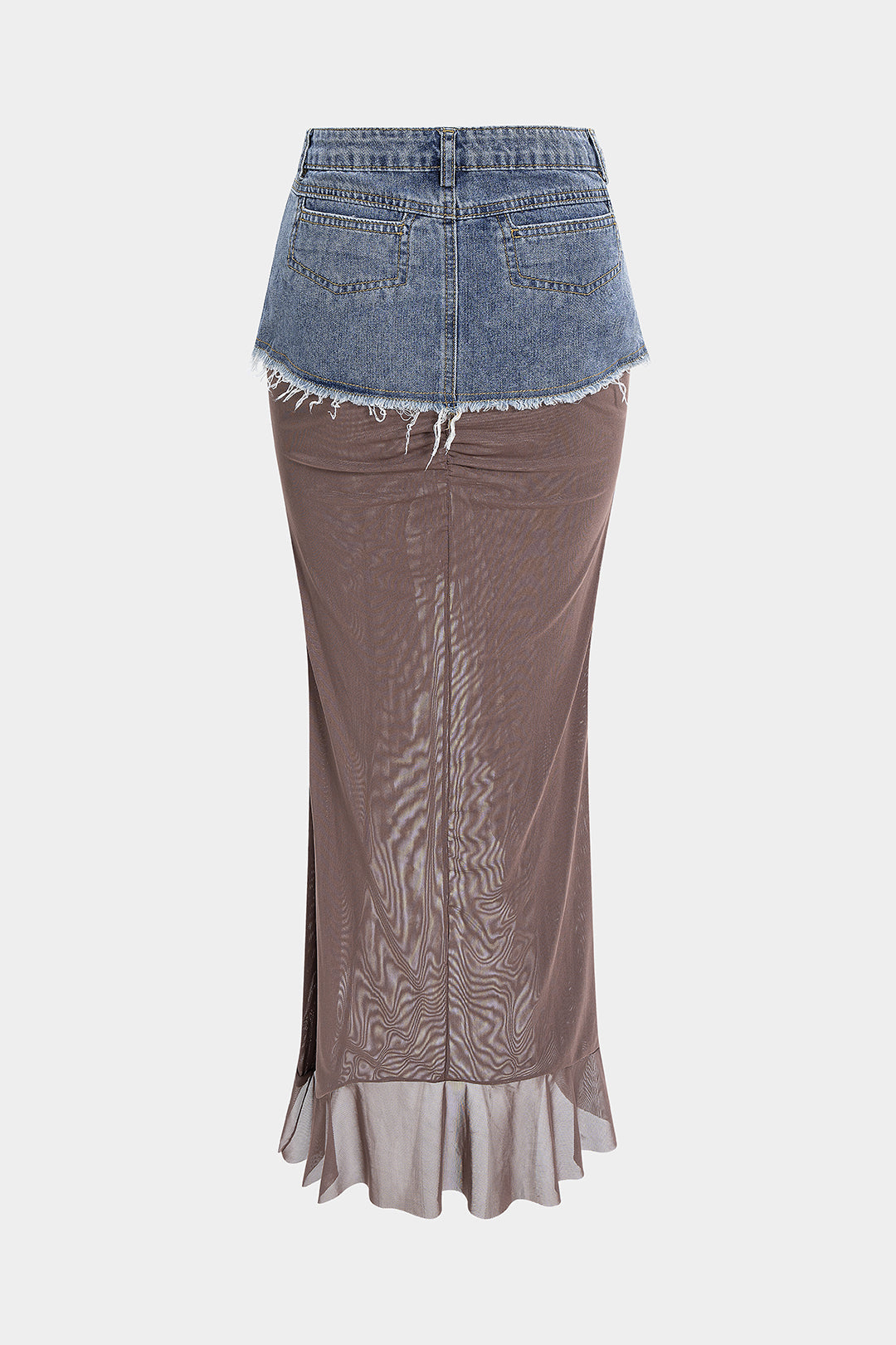 Denim Mesh Patchwork Frayed Ruched Ruffle Slit Skirt