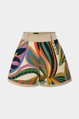 Artistic Print Patchwork Zipper Shorts