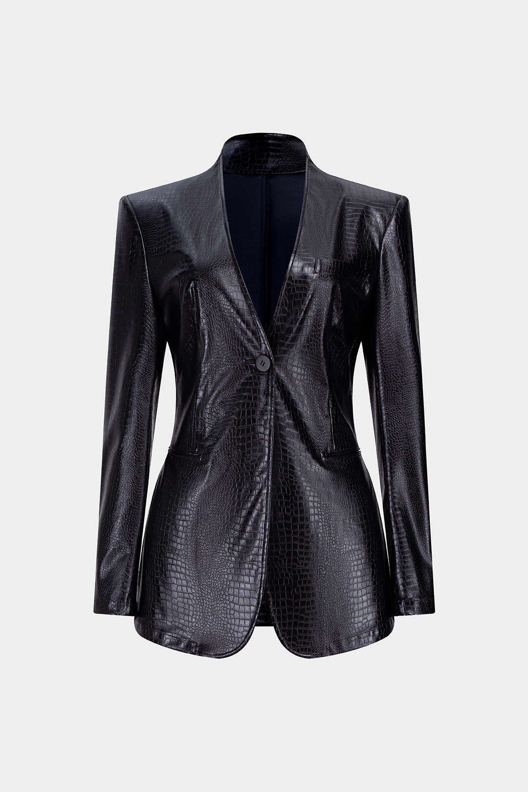 Crocodile Print Faux Leather V-Neck Pocket Jakcet