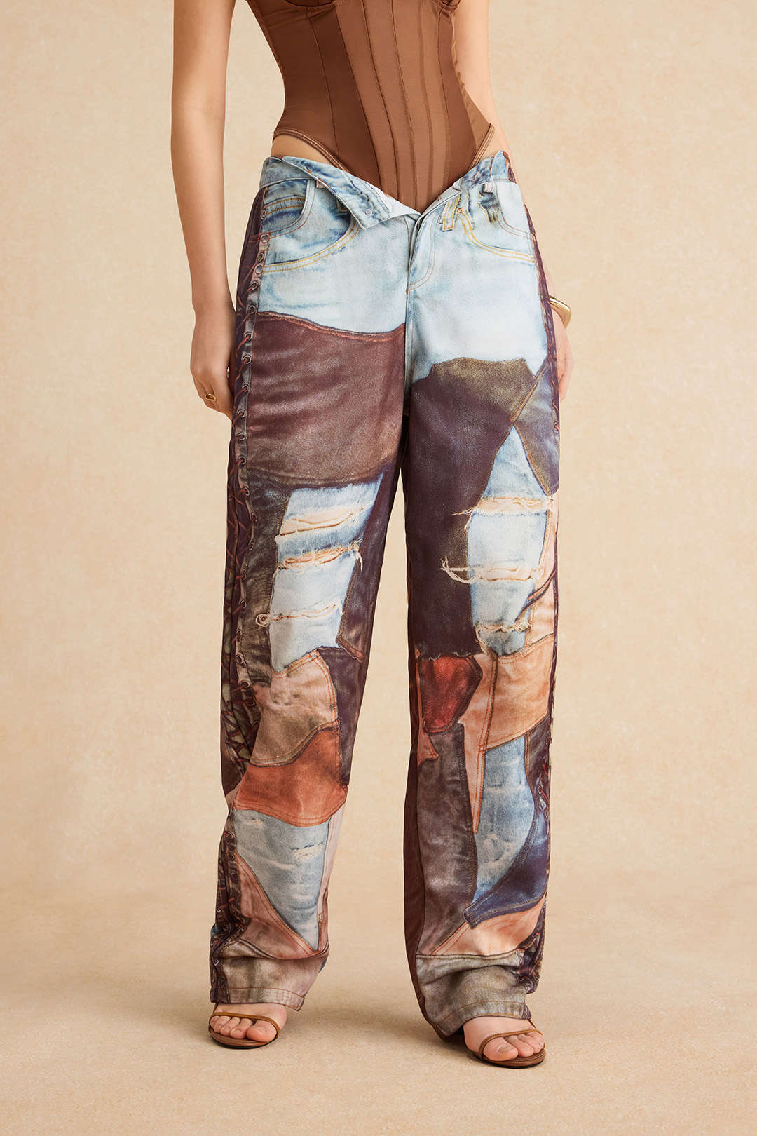 Color Block Button Wide Leg Trousers