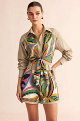 Artistic Print Patchwork Tie-Up Long Sleeve Shirt