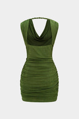 Draped Cowl Neck Twist Knot Asymmetrical Sleeveless Mini Dress
