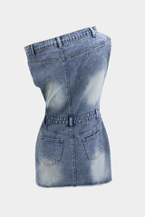 Denim Asymmetric Neckline Mini Dress