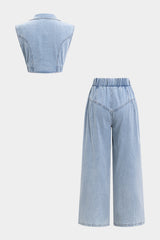 Denim V-Neck Zipper Tank Top And Jeans Set