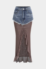 Denim Mesh Patchwork Frayed Ruched Ruffle Slit Skirt