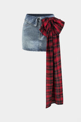 Denim Bow Patchwork Tie-Up Skirt
