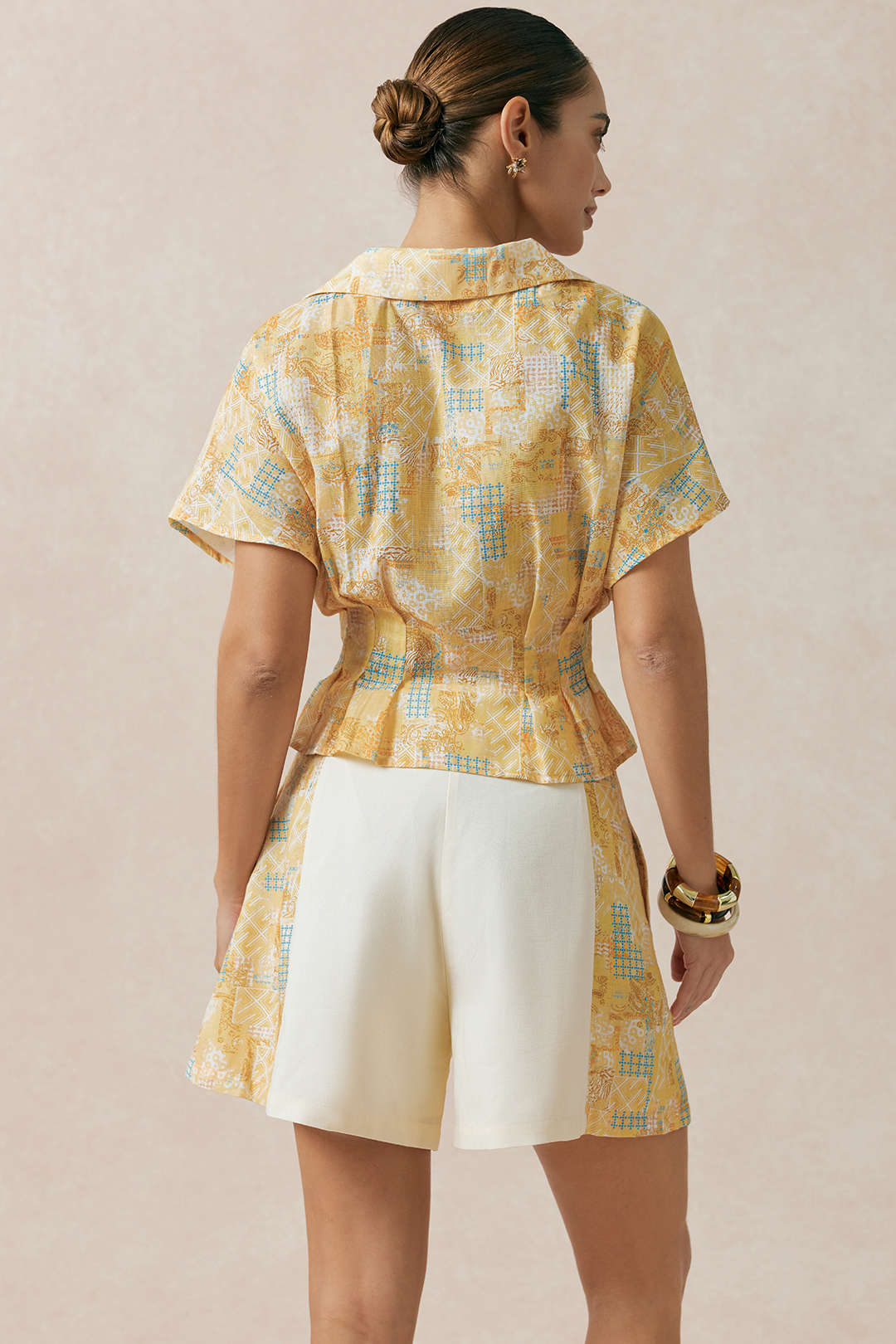 Contrast Print Linen Wide Leg Shorts