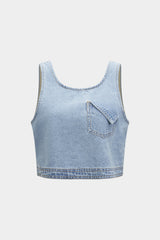 Denim Pocket Tank Top And Drawstring Shorts Set