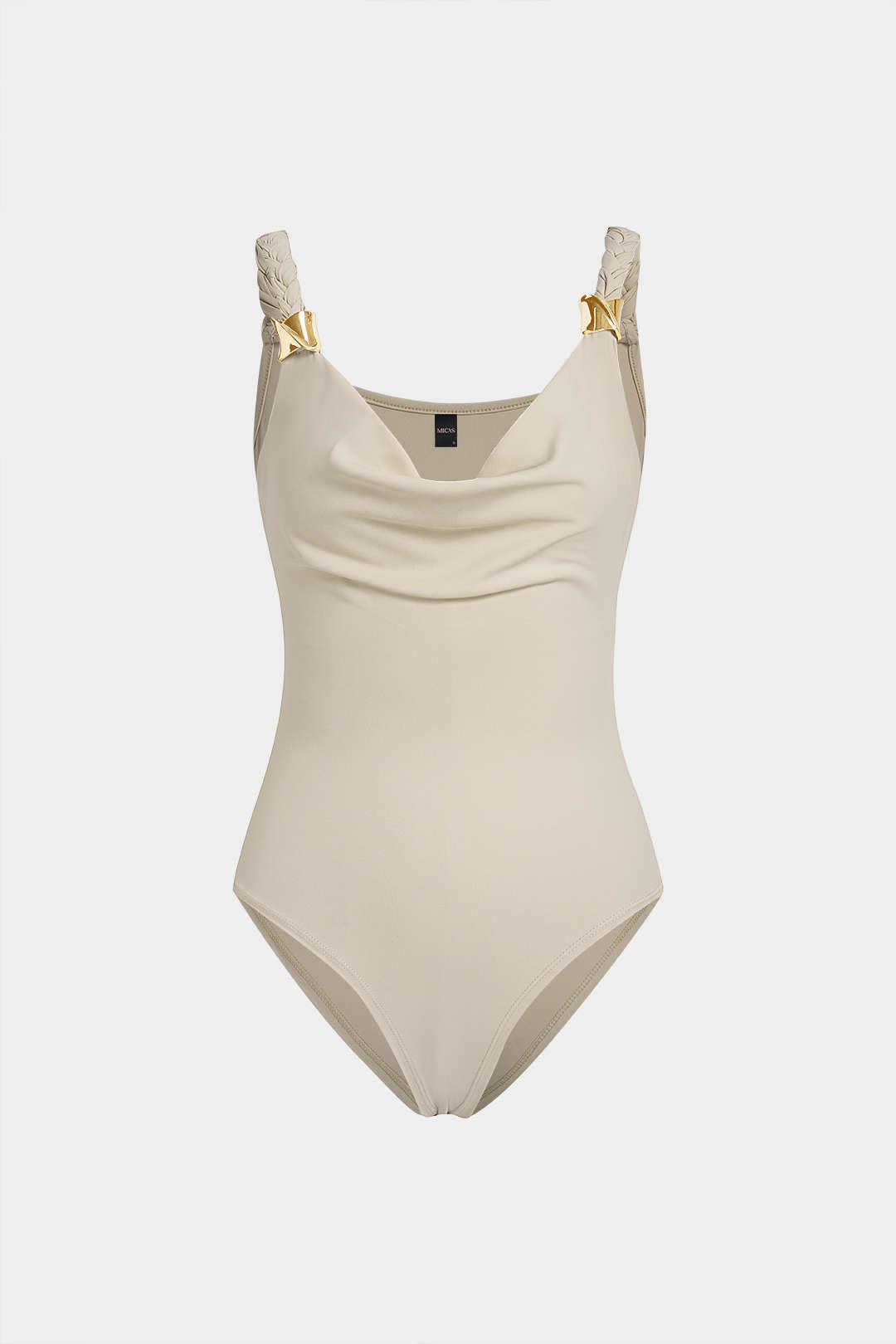 Draped Cowl Neck Braided Metallic Sleeveless Bodysuit