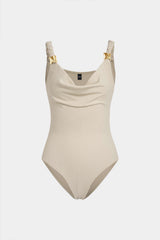 Draped Cowl Neck Braided Metallic Sleeveless Bodysuit