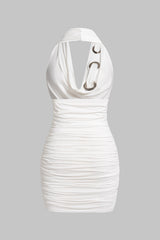 Draped Cowl Neck Asymmetrical Metallic Rings Ruched Sleeveless Mini Dress