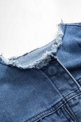 Denim Patchwork Button Round Neck Pocket Outerwear