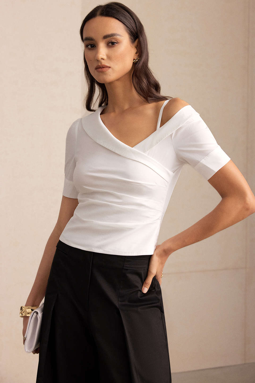 Asymmetric Print Cut Out Asymmetrical Ruched Short-Sleeve Shirt