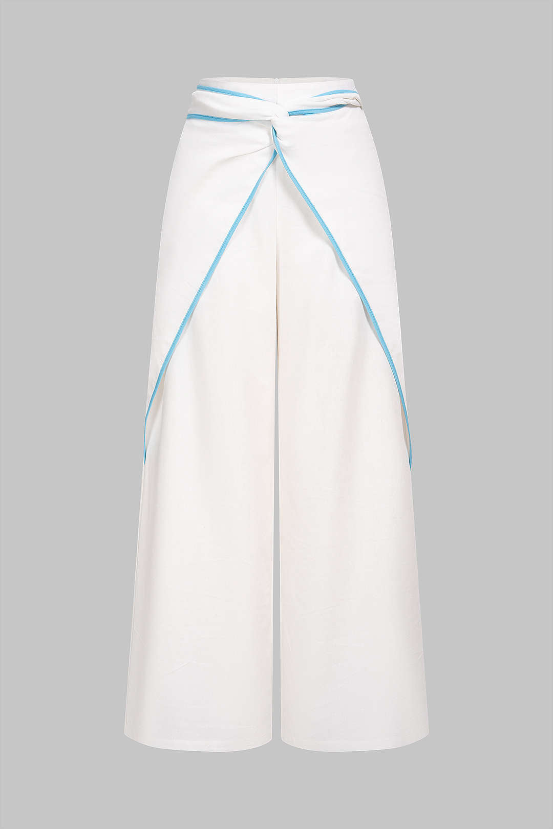 Contrast Binding Linen Ruched Twist Knot Wide Leg Pants