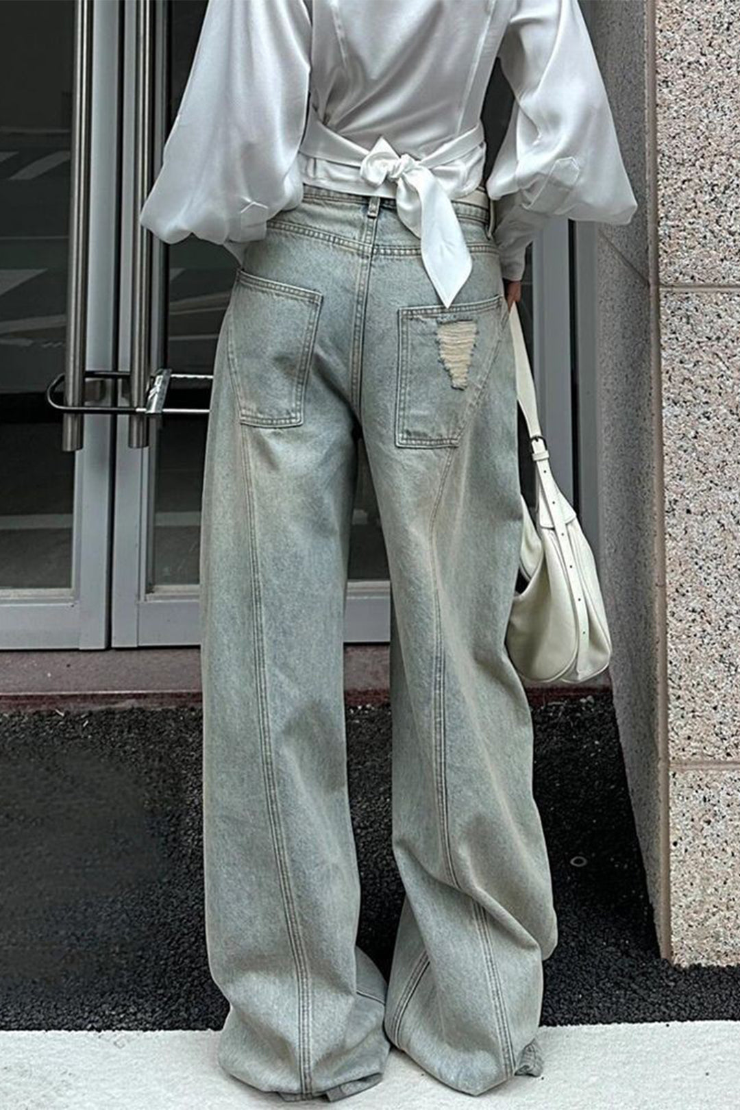 Denim Ripped Ruched Barrel Jeans