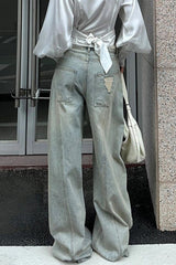 Denim Ripped Ruched Barrel Jeans
