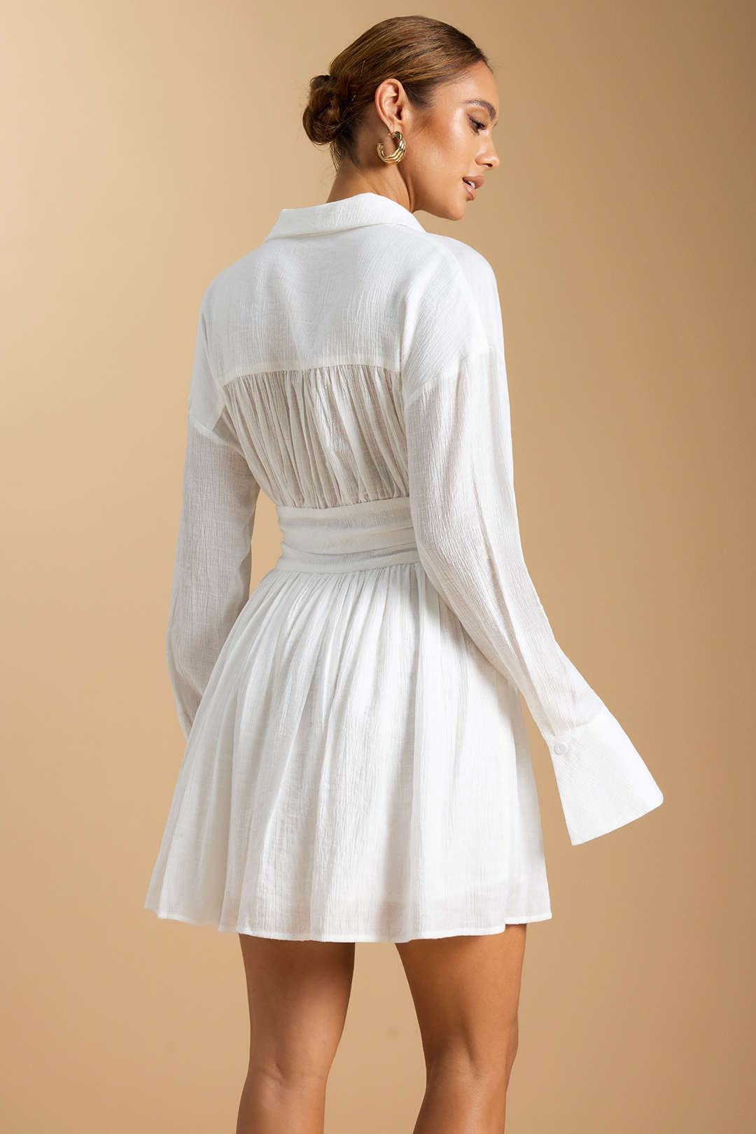 Button Ruched Long Sleeve Mini Dress