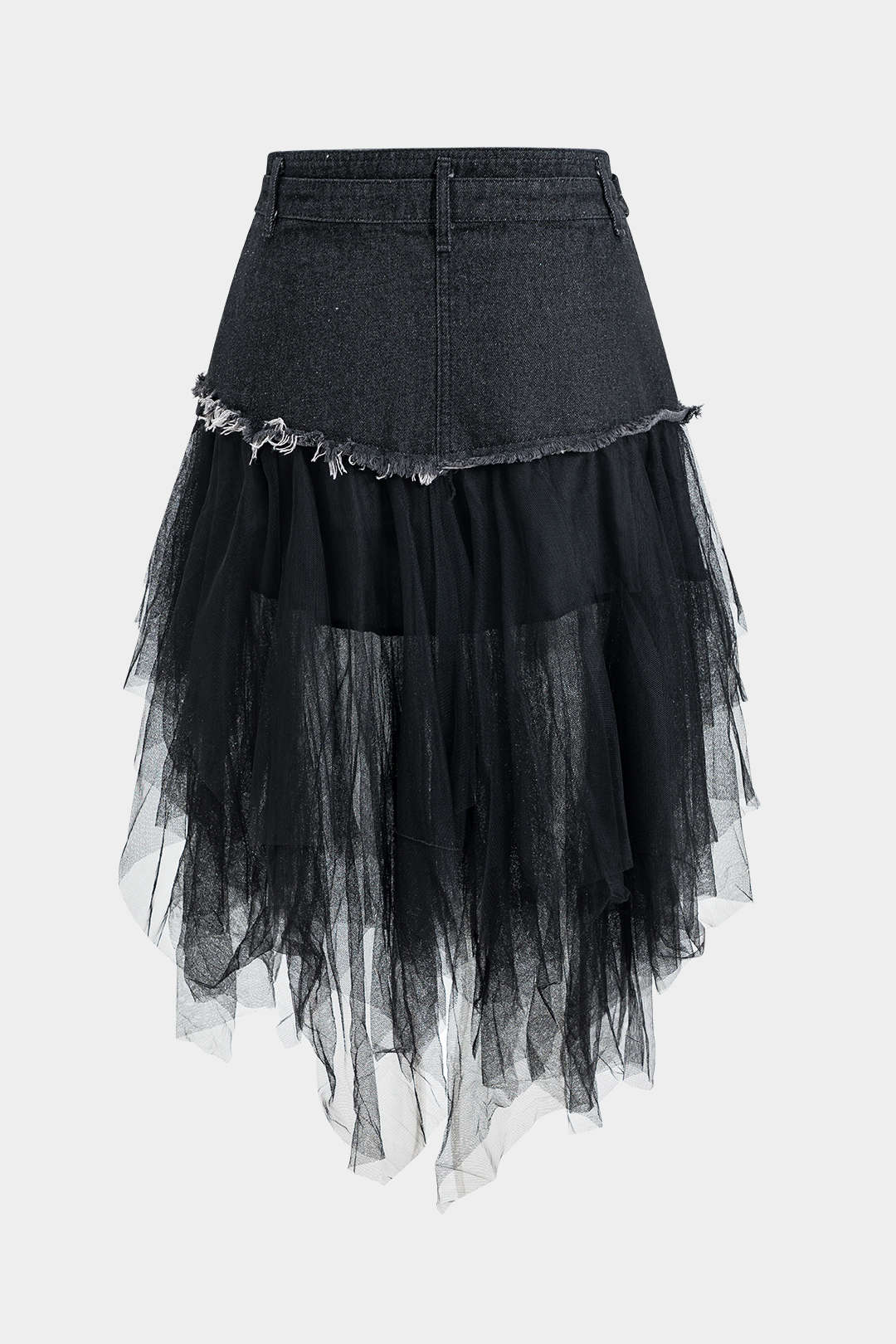 Denim Mesh Patchwork Belted Button Pocket Skirt