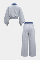Contrast Patchwork Long-Sleeve Top And Shirred Waistband Drawstring Trousers Set